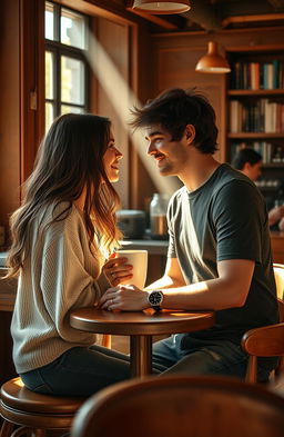 A cozy, warmly lit coffee shop setting filled with rich wooden furniture and the aroma of freshly brewed coffee, where two friends, a man and a woman, are sitting together at a small table