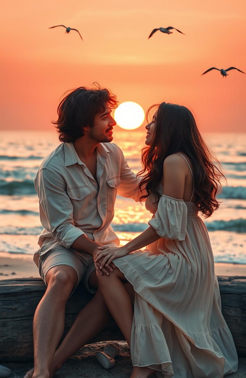 A vivid scene depicting a slow burn romance between two friends, sitting close together near a serene beach at sunset