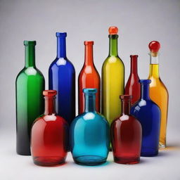 Elegant alcohol bottles of various shapes and sizes, intricately designed and filled with vibrant colored liquids.