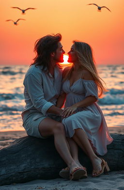 A vivid scene depicting a slow burn romance between two friends, sitting close together near a serene beach at sunset