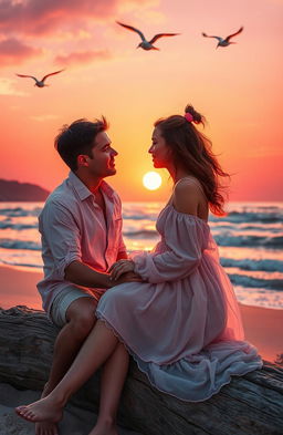 A vivid scene depicting a slow burn romance between two friends, sitting close together near a serene beach at sunset