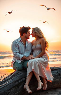 A vivid scene depicting a slow burn romance between two friends, sitting close together near a serene beach at sunset