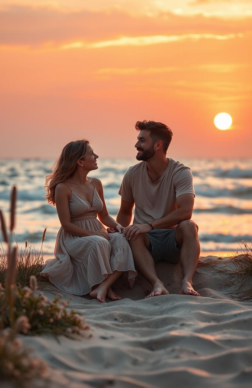 A romantic scene depicting two close friends sitting together near the shore at sunset