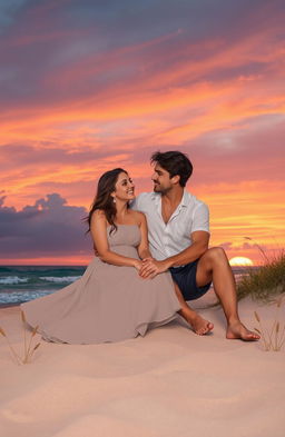 A romantic scene depicting two close friends sitting together near the shore at sunset