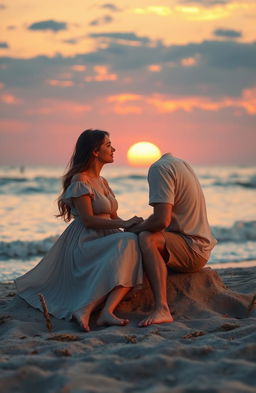 A romantic scene depicting two close friends sitting together near the shore at sunset