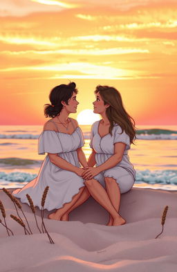 A romantic scene depicting two close friends sitting together near the shore at sunset