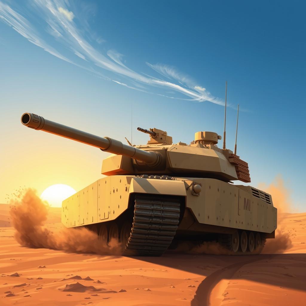 A highly detailed and realistic illustration of an M1 Abrams tank in an arid desert environment