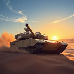 A highly detailed and realistic illustration of an M1 Abrams tank in an arid desert environment