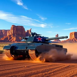 A dramatic scene depicting a dark blue M1 Abrams tank adorned with a bold red star emblem on its turret, charging through the stunning Monument Valley in Arizona