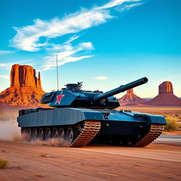 A dramatic scene depicting a dark blue M1 Abrams tank adorned with a bold red star emblem on its turret, charging through the stunning Monument Valley in Arizona