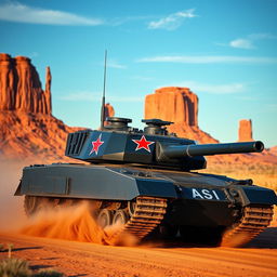 A dramatic scene depicting a dark blue M1 Abrams tank adorned with a bold red star emblem on its turret, charging through the stunning Monument Valley in Arizona