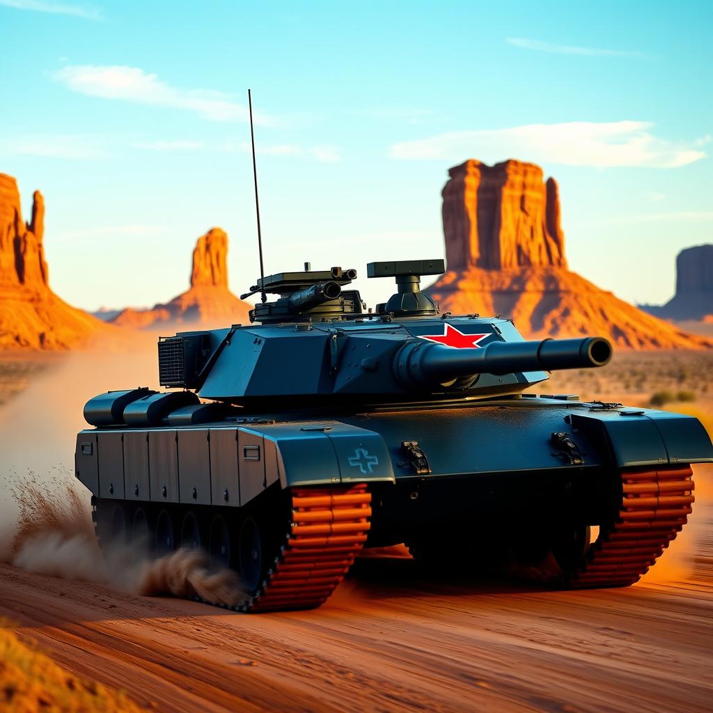 A dramatic scene depicting a dark blue M1 Abrams tank adorned with a bold red star emblem on its turret, charging through the stunning Monument Valley in Arizona