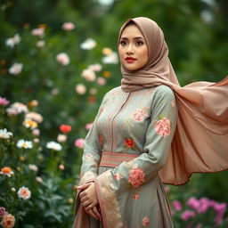 A Muslim woman characterized by an elegant traditional outfit, exuding grace and poise as she stands confidently