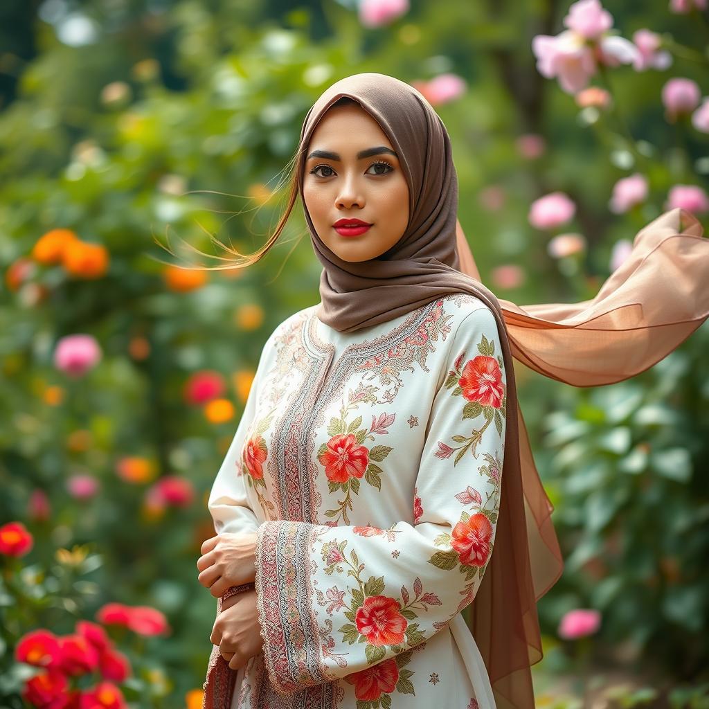 A Muslim woman characterized by an elegant traditional outfit, exuding grace and poise as she stands confidently