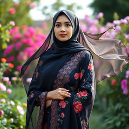 A Muslim woman characterized by an elegant traditional outfit, exuding grace and poise as she stands confidently