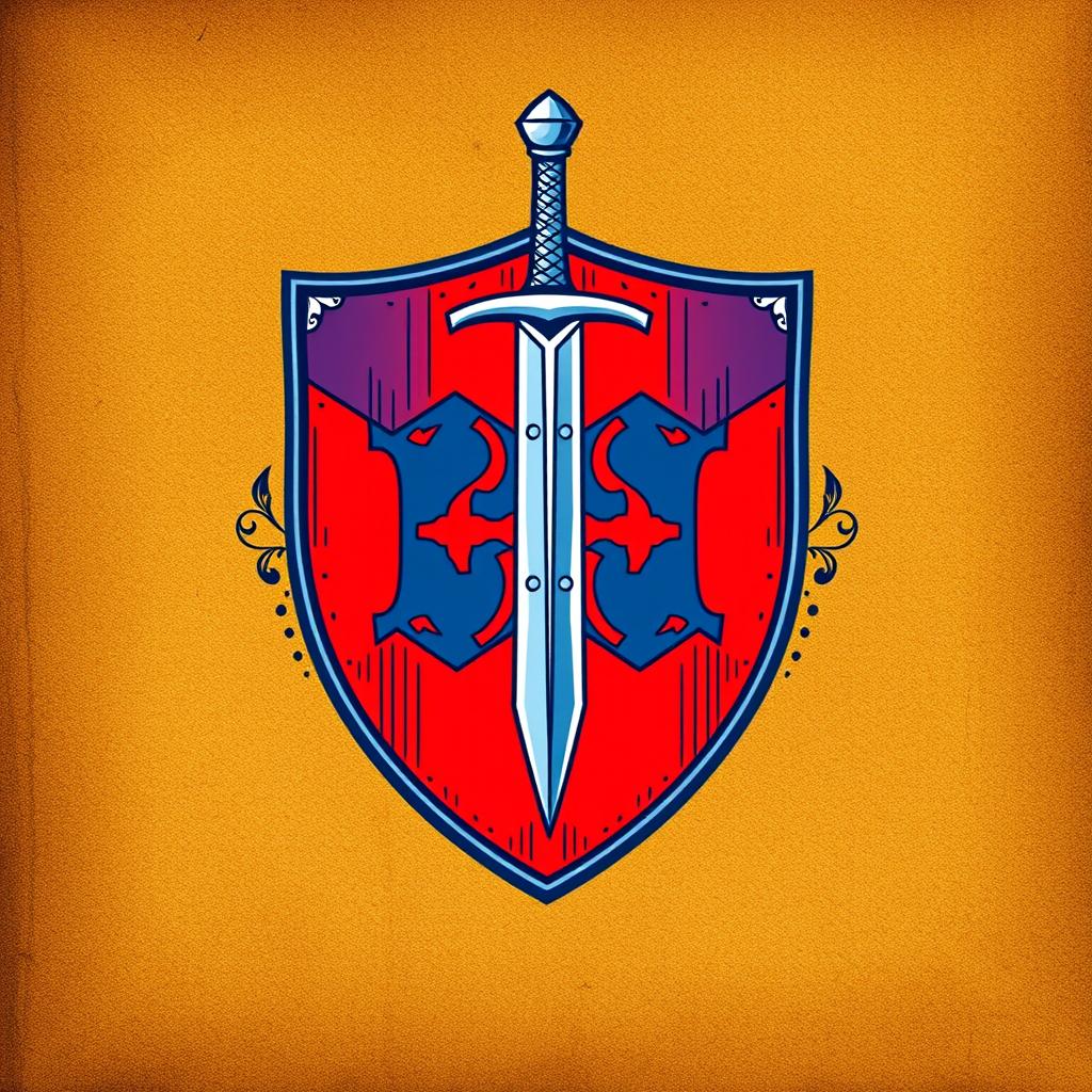 An emblem designed to showcase a medieval European civilization or kingdom, featuring a classic shield with a sword prominently in the center