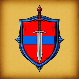 An emblem designed to showcase a medieval European civilization or kingdom, featuring a classic shield with a sword prominently in the center