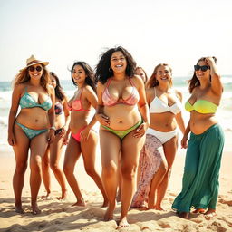 A vibrant beach scene featuring a diverse group of beautiful women, showcasing various ages and ethnicities