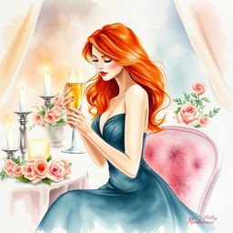 An artistic and expressive watercolor painting of a luxurious, elegant setting featuring a beautiful woman with flowing red hair, wearing a glamorous evening gown