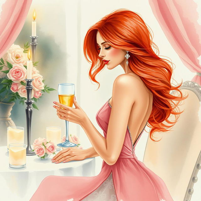 An artistic and expressive watercolor painting of a luxurious, elegant setting featuring a beautiful woman with flowing red hair, wearing a glamorous evening gown