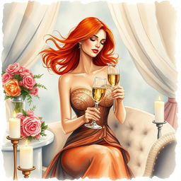 An artistic and expressive watercolor painting of a luxurious, elegant setting featuring a beautiful woman with flowing red hair, wearing a glamorous evening gown