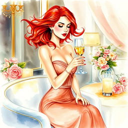 An artistic and expressive watercolor painting of a luxurious, elegant setting featuring a beautiful woman with flowing red hair, wearing a glamorous evening gown