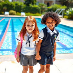 Two 13-year-old girls holding hands, one with straight red hair and fair skin, the other with curly dark hair and medium brown skin, both wearing school uniforms, standing cheerfully in front of a swimming pool in a bright and sunny environment