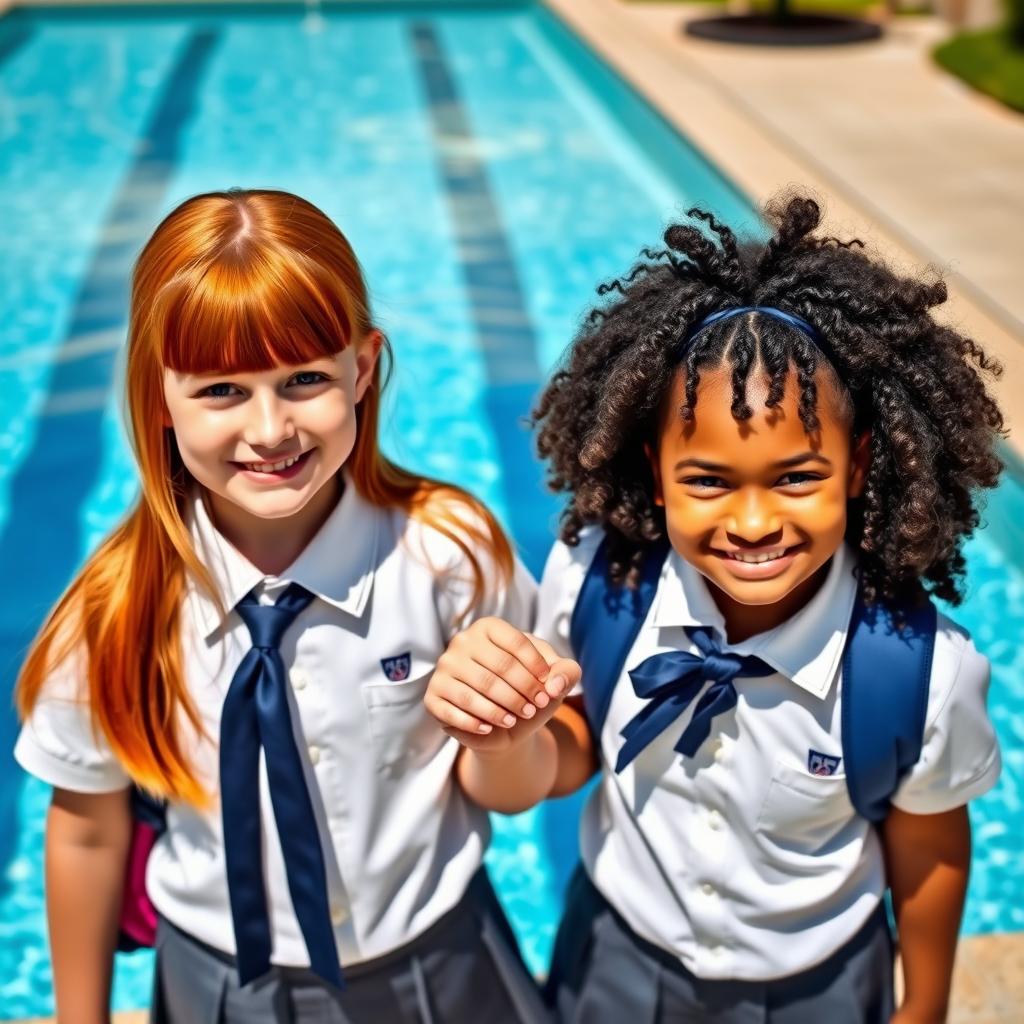 Two 13-year-old girls holding hands, one with straight red hair and fair skin, the other with curly dark hair and medium brown skin, both wearing school uniforms, standing cheerfully in front of a swimming pool in a bright and sunny environment