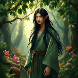 An enigmatic human druid with long flowing black hair, possessing Asian features and striking green eyes