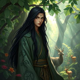 An enigmatic human druid with long flowing black hair, possessing Asian features and striking green eyes