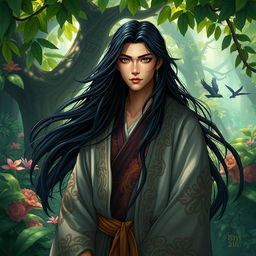 An enigmatic human druid with long flowing black hair, possessing Asian features and striking green eyes