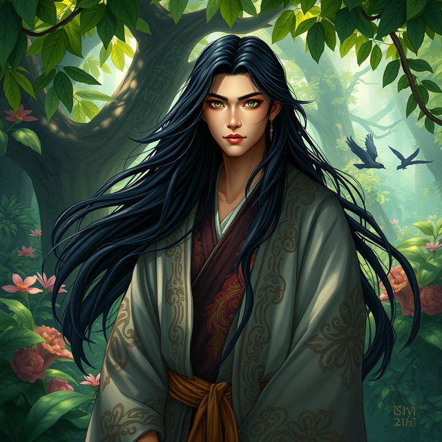 An enigmatic human druid with long flowing black hair, possessing Asian features and striking green eyes