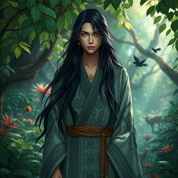 An enigmatic human druid with long flowing black hair, possessing Asian features and striking green eyes