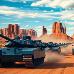 A powerful scene showing a column of indigo M1 Abrams tanks, each adorned with a striking red star emblem on their turrets, rapidly advancing through the breathtaking Monument Valley in Arizona