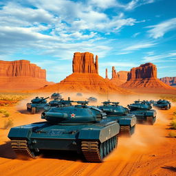 A powerful scene showing a column of indigo M1 Abrams tanks, each adorned with a striking red star emblem on their turrets, rapidly advancing through the breathtaking Monument Valley in Arizona