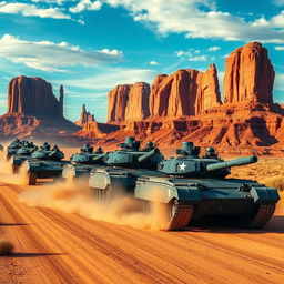 A powerful scene showing a column of indigo M1 Abrams tanks, each adorned with a striking red star emblem on their turrets, rapidly advancing through the breathtaking Monument Valley in Arizona