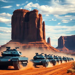 A powerful scene showing a column of indigo M1 Abrams tanks, each adorned with a striking red star emblem on their turrets, rapidly advancing through the breathtaking Monument Valley in Arizona