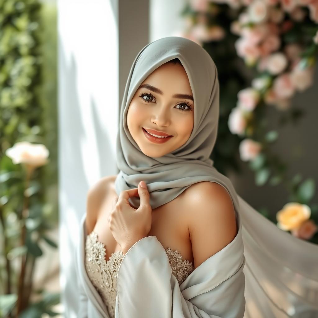 A beautiful Muslim woman with an open outfit revealing her shoulders, gracefully posing in a serene environment