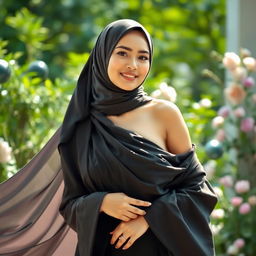 A beautiful Muslim woman with an open outfit revealing her shoulders, gracefully posing in a serene environment