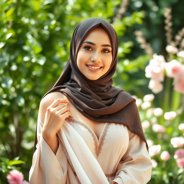 A beautiful Muslim woman with an open outfit revealing her shoulders, gracefully posing in a serene environment