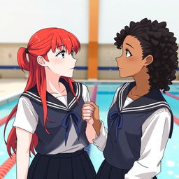 Two girls holding hands, gazing at each other with chemistry; one has red hair and pale skin, the other has dark, curly hair and a tan complexion