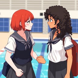 Two girls holding hands, gazing at each other with chemistry; one has red hair and pale skin, the other has dark, curly hair and a tan complexion