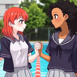 Two girls holding hands, gazing at each other with chemistry; one has red hair and pale skin, the other has dark, curly hair and a tan complexion