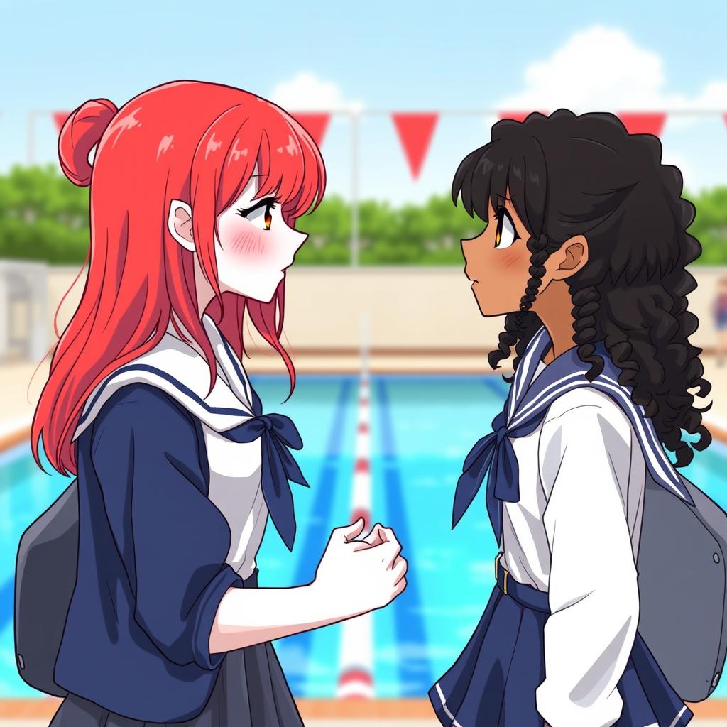 Two girls holding hands, gazing at each other with chemistry; one has red hair and pale skin, the other has dark, curly hair and a tan complexion