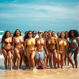 A lively beach scene featuring a diverse group of fit, skinny women of various ages and ethnicities, all embracing their natural beauty