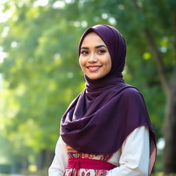 A Muslim woman with a confident and charming presence, standing in a serene natural setting