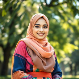 A Muslim woman with a confident and charming presence, standing in a serene natural setting