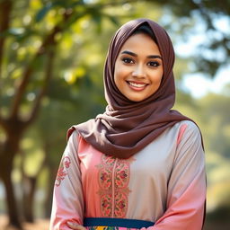 A Muslim woman with a confident and charming presence, standing in a serene natural setting