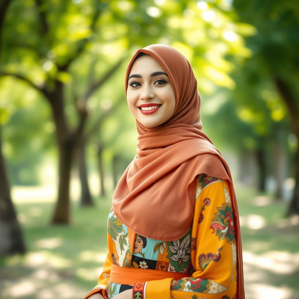 A Muslim woman with a confident and charming presence, standing in a serene natural setting