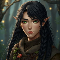 A human druid character inspired by Dungeons and Dragons, featuring long black hair styled with two braids on each side of the face